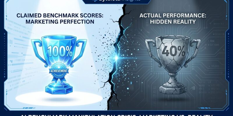 Split-screen visualization showing pristine benchmark trophy on left versus broken trophy on right, representing gap between claimed vs actual AI model performance
