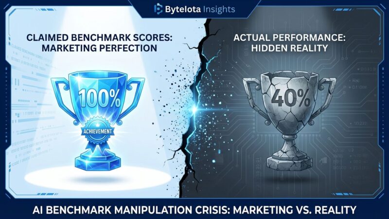 Split-screen visualization showing pristine benchmark trophy on left versus broken trophy on right, representing gap between claimed vs actual AI model performance