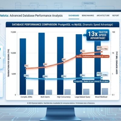 Data visualization comparing PostgreSQL vs MySQL performance metrics showing 13x speed advantage and 94% query time improvement