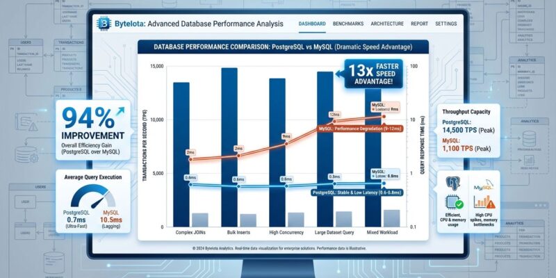 Data visualization comparing PostgreSQL vs MySQL performance metrics showing 13x speed advantage and 94% query time improvement