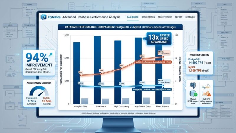 Data visualization comparing PostgreSQL vs MySQL performance metrics showing 13x speed advantage and 94% query time improvement