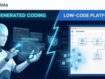 Split-screen illustration showing AI coding assistant vs low-code platform interface, representing the debate between AI-generated code and visual development tools