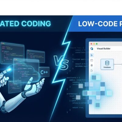 Split-screen illustration showing AI coding assistant vs low-code platform interface, representing the debate between AI-generated code and visual development tools