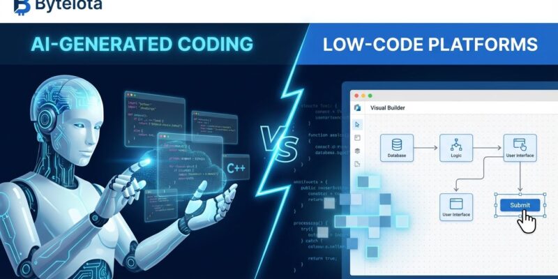 Split-screen illustration showing AI coding assistant vs low-code platform interface, representing the debate between AI-generated code and visual development tools