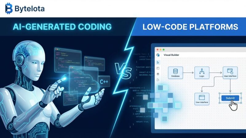 Split-screen illustration showing AI coding assistant vs low-code platform interface, representing the debate between AI-generated code and visual development tools