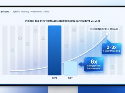 Data visualization showing MapLibre Tile performance improvements: 6x compression and 2-3x faster decoding compared to MVT