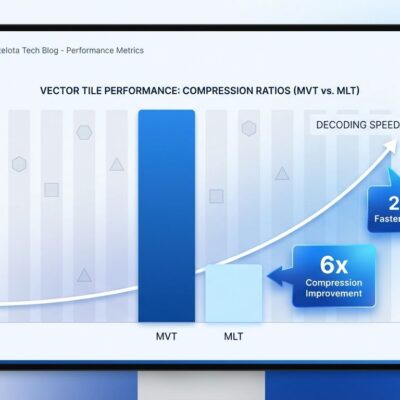 Data visualization showing MapLibre Tile performance improvements: 6x compression and 2-3x faster decoding compared to MVT