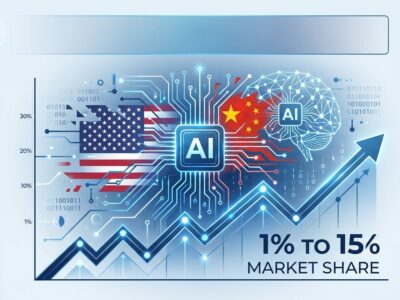 Chart showing Chinese AI market share growth from 1% to 15% with DeepSeek logo