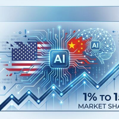 Chart showing Chinese AI market share growth from 1% to 15% with DeepSeek logo