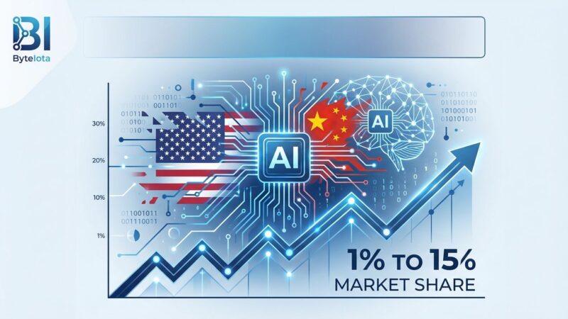 Chart showing Chinese AI market share growth from 1% to 15% with DeepSeek logo