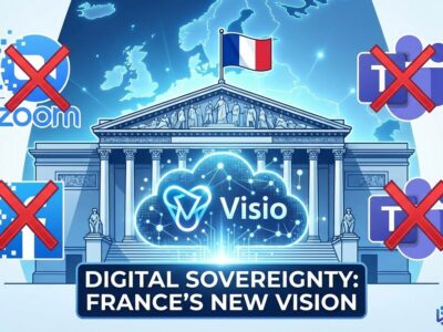 France government building with crossed-out Zoom and Teams logos and emerging Visio logo representing digital sovereignty