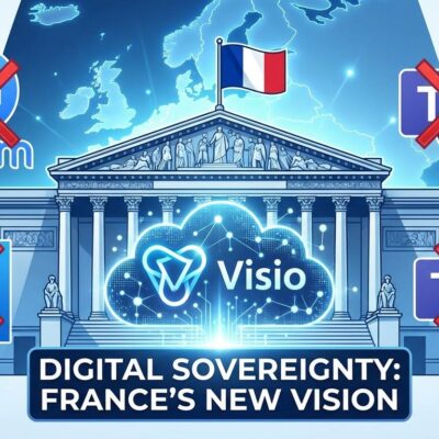 France government building with crossed-out Zoom and Teams logos and emerging Visio logo representing digital sovereignty