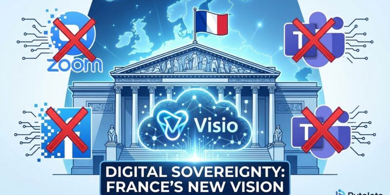 France government building with crossed-out Zoom and Teams logos and emerging Visio logo representing digital sovereignty
