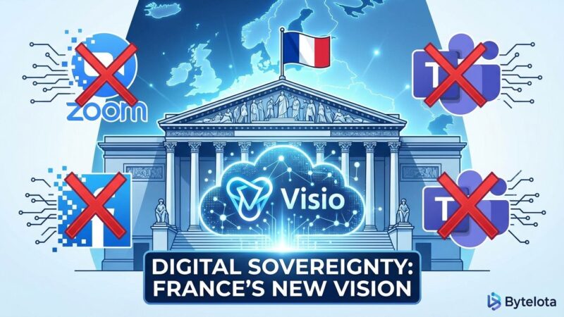 France government building with crossed-out Zoom and Teams logos and emerging Visio logo representing digital sovereignty
