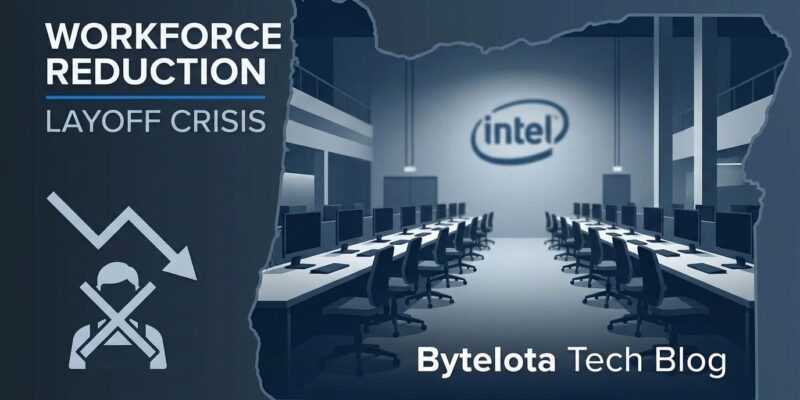 Intel semiconductor factory visualization showing workforce reduction and layoff crisis