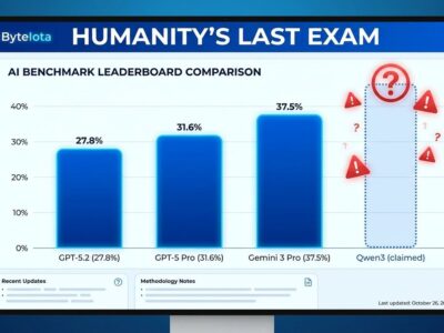 AI benchmark leaderboard comparison showing Gemini 3 Pro, GPT-5.2, and Claude Opus 4.5 scores with Qwen3-Max-Thinking claims questioned