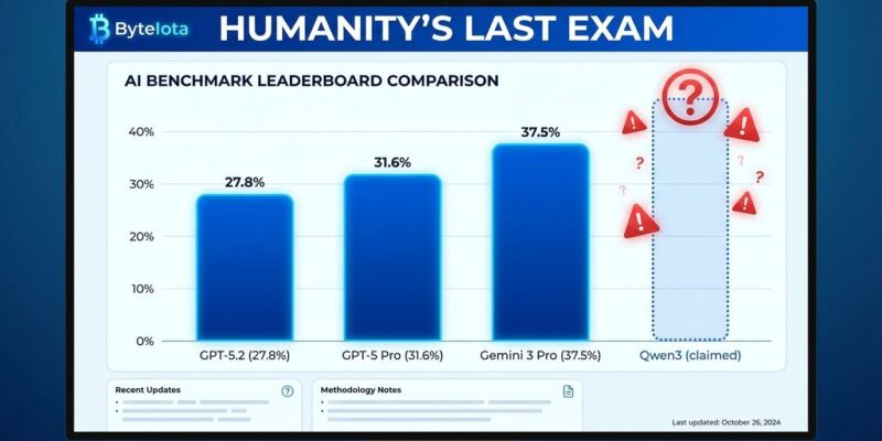 AI benchmark leaderboard comparison showing Gemini 3 Pro, GPT-5.2, and Claude Opus 4.5 scores with Qwen3-Max-Thinking claims questioned