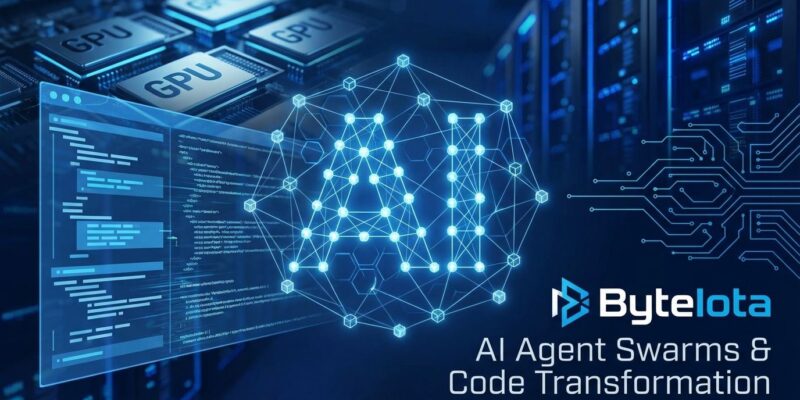 Kimi K2.5 100-agent swarm visualization with visual coding elements and GPU infrastructure