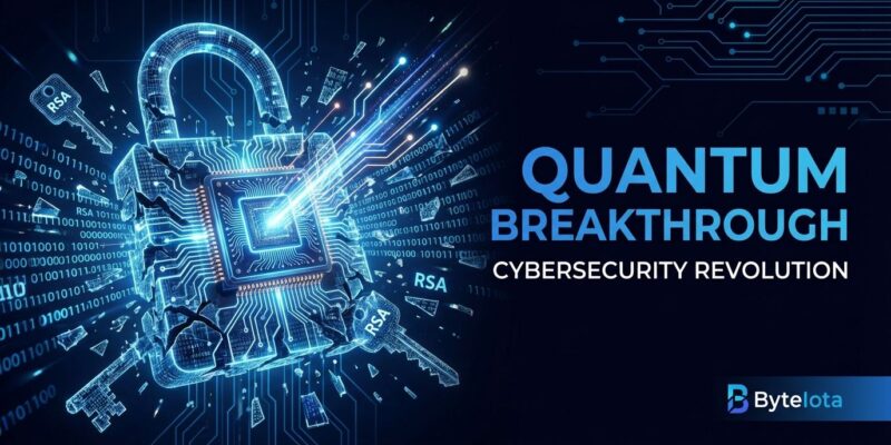 Quantum computer breaking encryption lock visualization