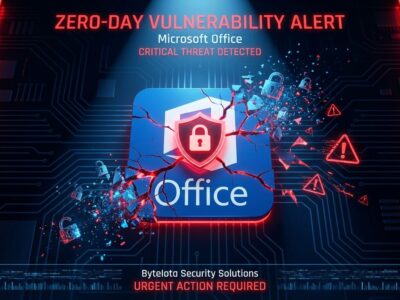 Microsoft Office logo with security vulnerability warning shield and breaking padlock icons showing zero-day exploit CVE-2026-21509