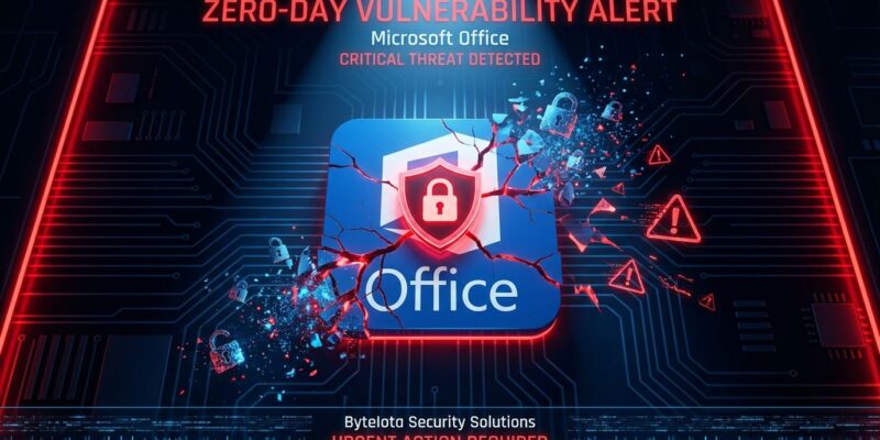 Microsoft Office logo with security vulnerability warning shield and breaking padlock icons showing zero-day exploit CVE-2026-21509