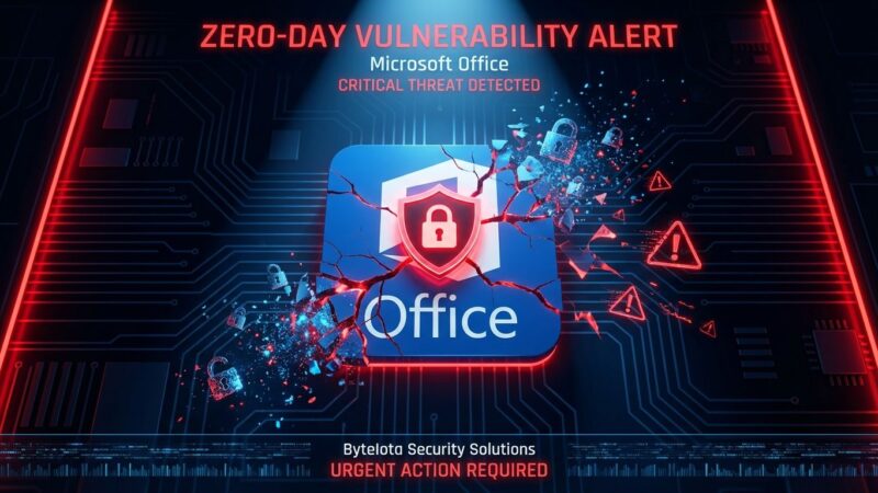 Microsoft Office logo with security vulnerability warning shield and breaking padlock icons showing zero-day exploit CVE-2026-21509