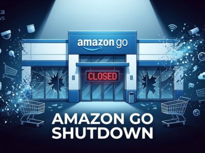Amazon Go store closure announcement with closed sign and cashierless technology symbols