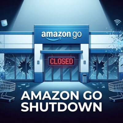 Amazon Go store closure announcement with closed sign and cashierless technology symbols