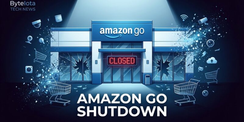 Amazon Go store closure announcement with closed sign and cashierless technology symbols