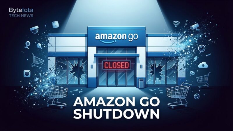 Amazon Go store closure announcement with closed sign and cashierless technology symbols