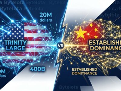 Split-screen comparison showing US vs China open-source AI competition with Trinity Large model