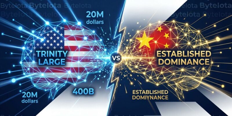 Split-screen comparison showing US vs China open-source AI competition with Trinity Large model