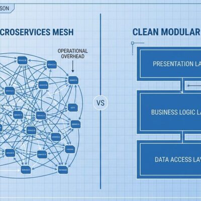 Split-screen comparison showing complex microservices mesh versus organized modular monolith architecture