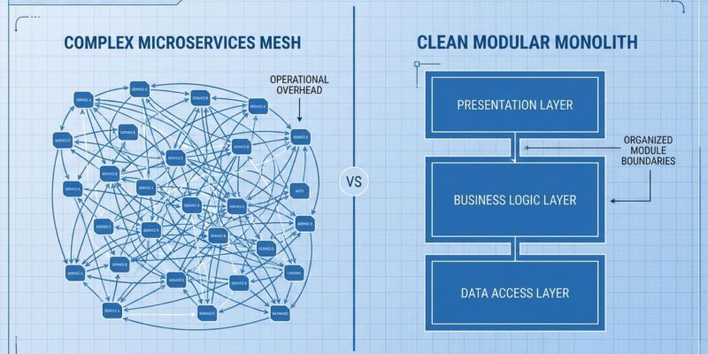Split-screen comparison showing complex microservices mesh versus organized modular monolith architecture