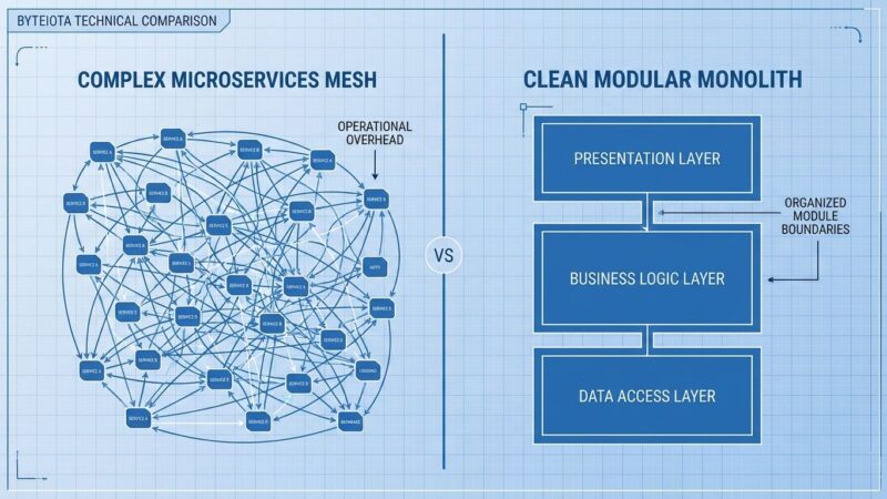 Split-screen comparison showing complex microservices mesh versus organized modular monolith architecture