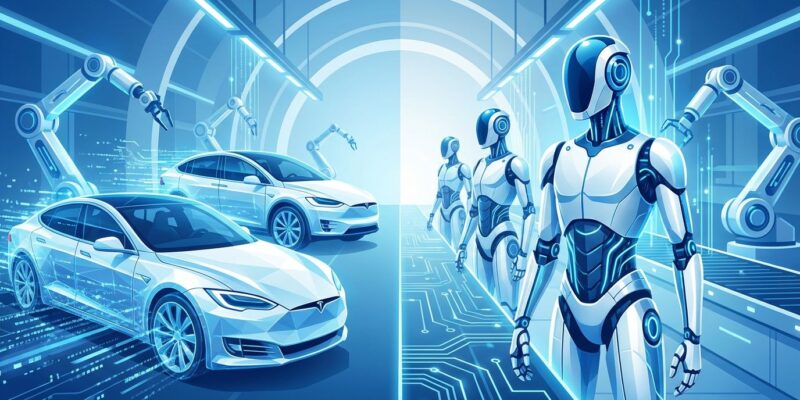 Tesla Model S and Model X vehicles transforming into Optimus humanoid robots in futuristic factory