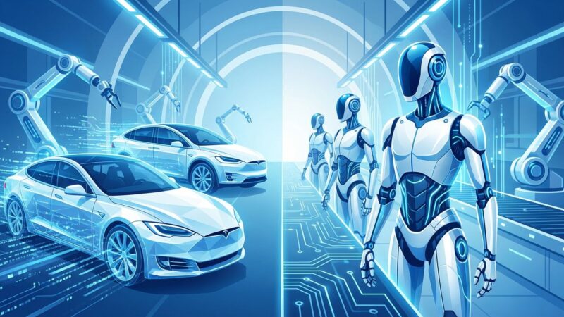 Tesla Model S and Model X vehicles transforming into Optimus humanoid robots in futuristic factory