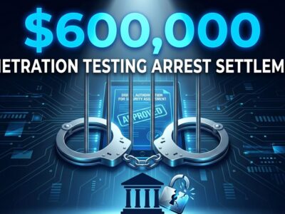 Handcuffs symbolizing wrongful arrest of penetration testers with courthouse and broken padlock