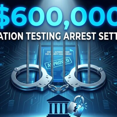 Handcuffs symbolizing wrongful arrest of penetration testers with courthouse and broken padlock