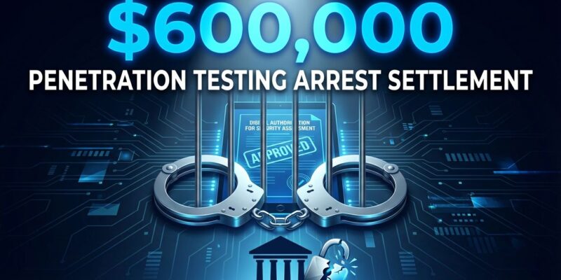 Handcuffs symbolizing wrongful arrest of penetration testers with courthouse and broken padlock