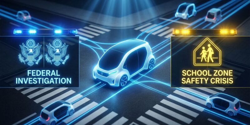 Autonomous vehicle safety investigation illustration showing federal probes and school zone warnings