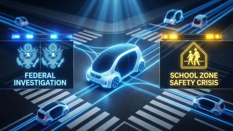 Autonomous vehicle safety investigation illustration showing federal probes and school zone warnings
