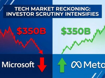 Microsoft stock chart showing 350 billion market value loss contrasted with Meta gains
