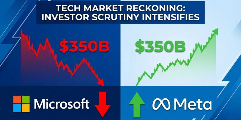 Microsoft stock chart showing 350 billion market value loss contrasted with Meta gains