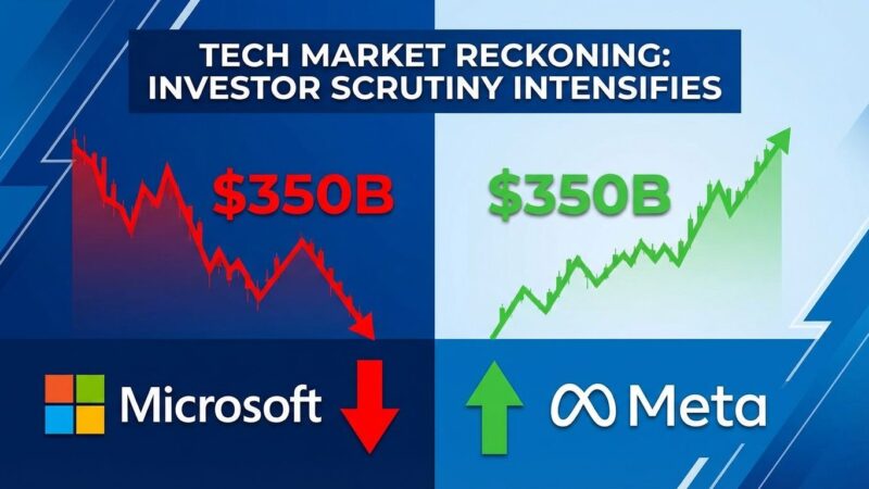 Microsoft stock chart showing 350 billion market value loss contrasted with Meta gains