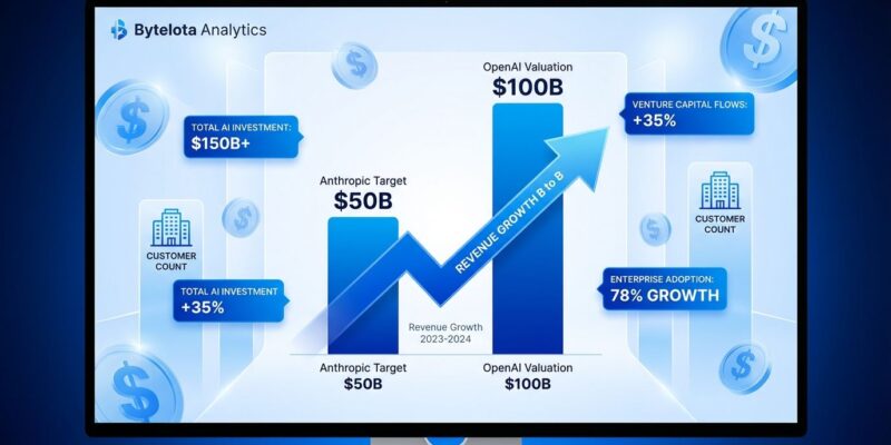 Data visualization showing Anthropic's valuation target vs OpenAI comparison with revenue growth from to