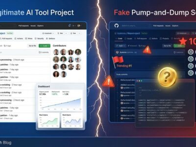 Split-screen illustration showing contrast between legitimate GitHub repository with verified metrics and fake repository with inflated stars and cryptocurrency scam symbols