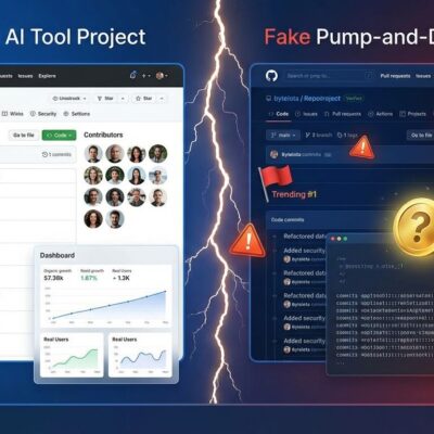 Split-screen illustration showing contrast between legitimate GitHub repository with verified metrics and fake repository with inflated stars and cryptocurrency scam symbols