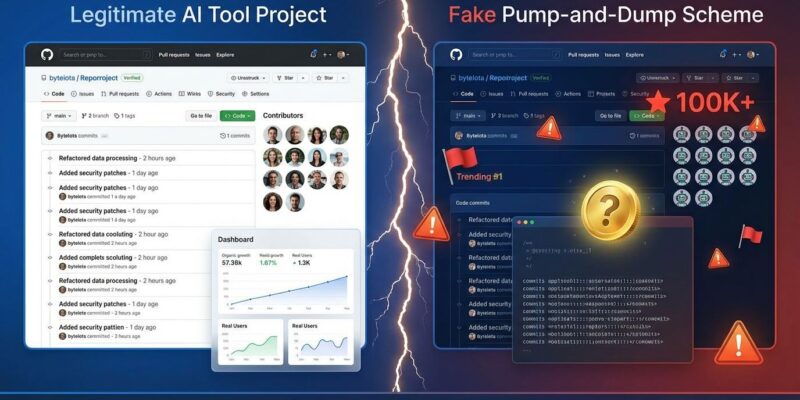 Split-screen illustration showing contrast between legitimate GitHub repository with verified metrics and fake repository with inflated stars and cryptocurrency scam symbols