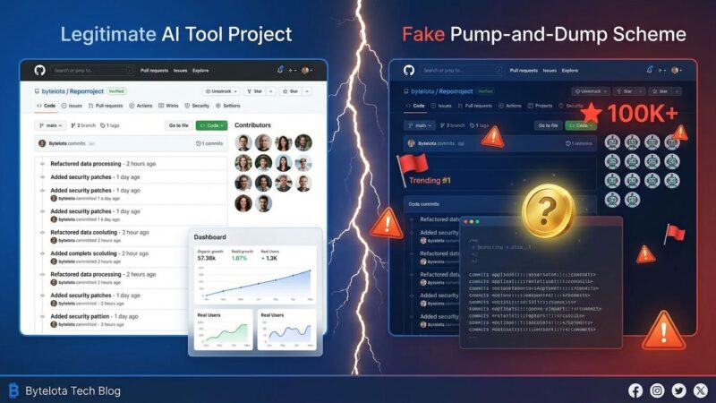 Split-screen illustration showing contrast between legitimate GitHub repository with verified metrics and fake repository with inflated stars and cryptocurrency scam symbols